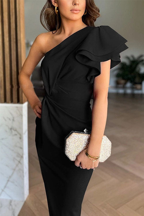 Caz - Off-Shoulder Volangärm Slitsad Midiklänning