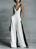 Celine | Svart-vit färgblockad jumpsuit med vida ben