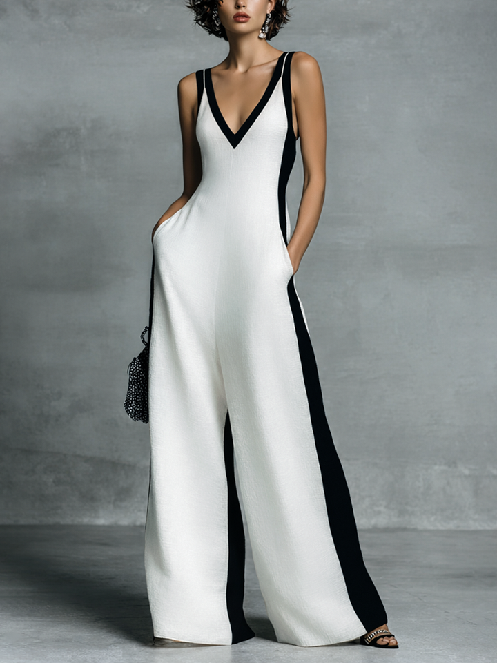 Celine | Svart-vit färgblockad jumpsuit med vida ben