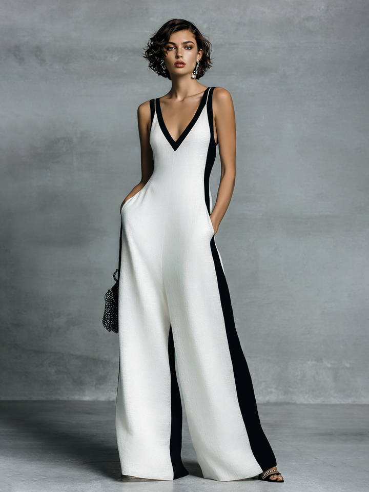 Celine | Svart-vit färgblockad jumpsuit med vida ben
