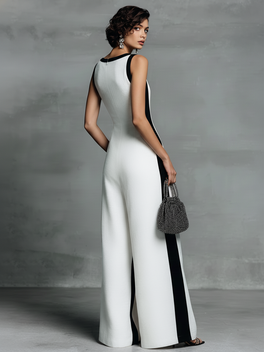 Celine | Svart-vit färgblockad jumpsuit med vida ben