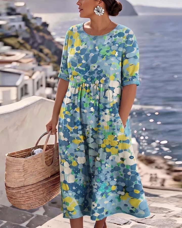 Elena™ - Elegant Blommig Klänning för Sommaren i Midilängd