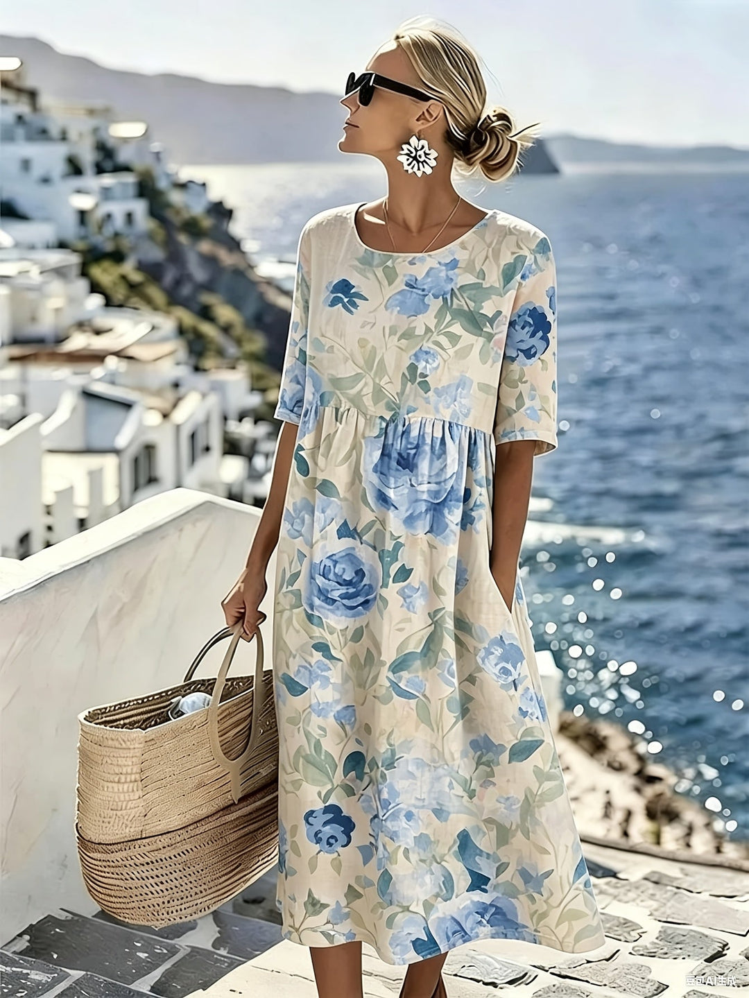 Evie™ - Elegant Blommig Klänning för Sommaren i Midilängd