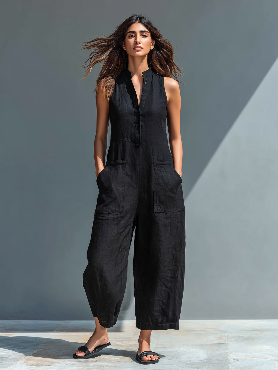 Ärmlösa linnejumpsuits
