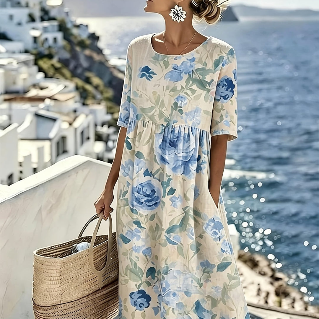 Evie™ - Elegant Blommig Klänning för Sommaren i Midilängd