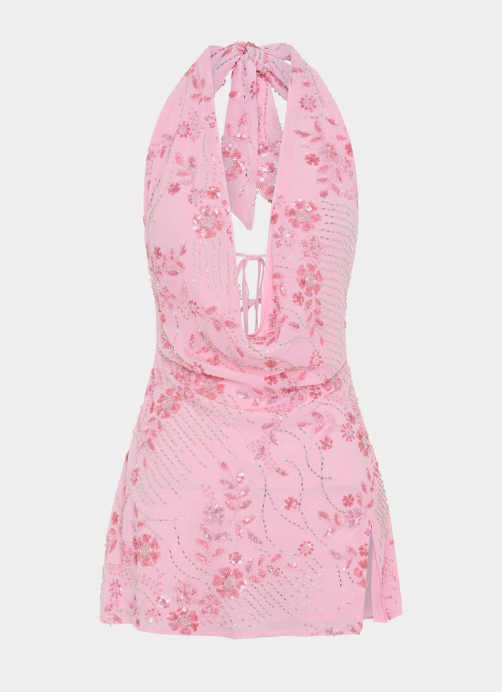 Cinzia - Pärlbroderad Rosa Miniklänning
