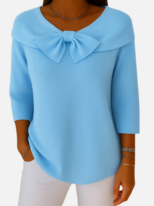 Lene | Elegant Ribbstickad Blus med Rosett