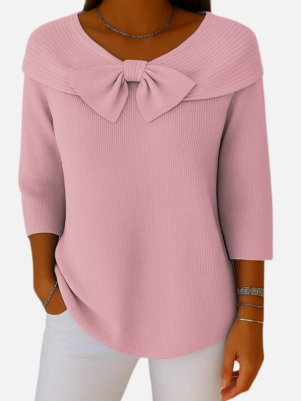 Lene | Elegant Ribbstickad Blus med Rosett