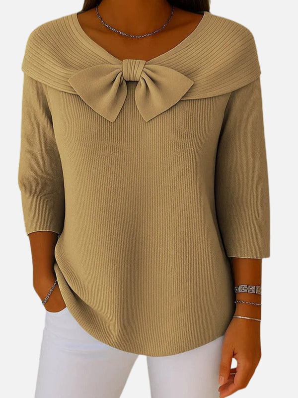 Lene | Elegant Ribbstickad Blus med Rosett