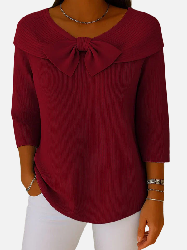 Lene | Elegant Ribbstickad Blus med Rosett
