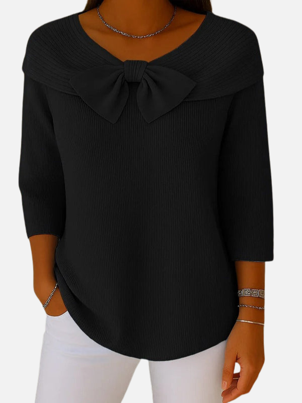 Lene | Elegant Ribbstickad Blus med Rosett