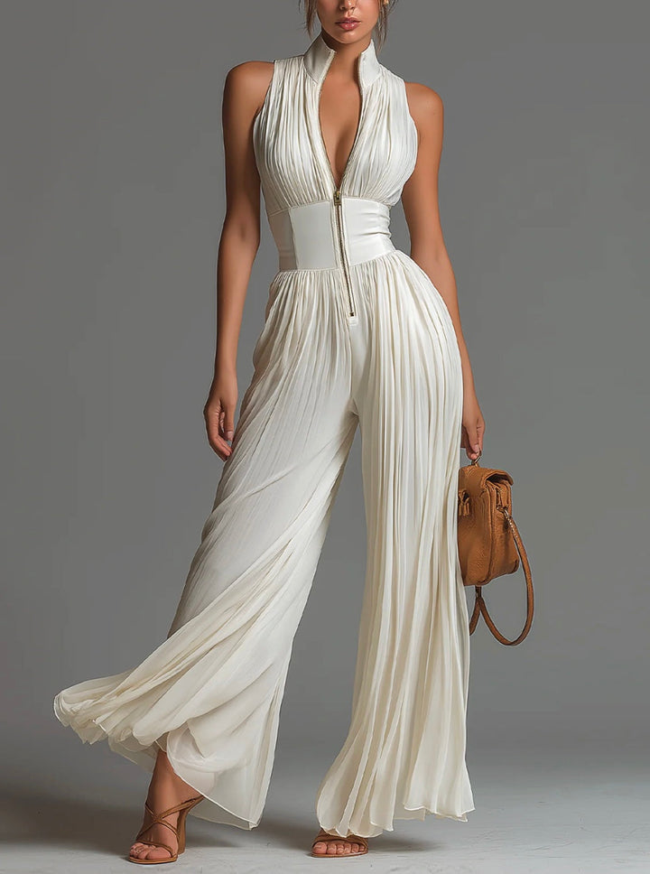 Abigail - Ärmlös jumpsuit i chiffong med V-ringning, dragkedja, veck och vida ben