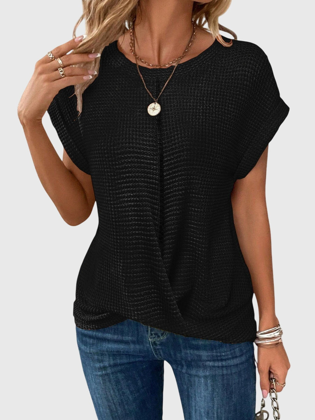 Pia | Vaffelstickad blus med rund hals