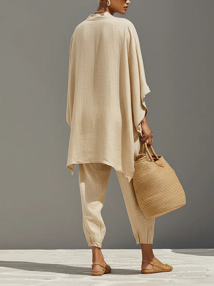 Caroline - Ljus khaki asymmetrisk minimalistisk topp och joggingbyxor-set