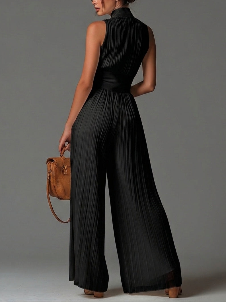 Abigail - Ärmlös jumpsuit i chiffong med V-ringning, dragkedja, veck och vida ben