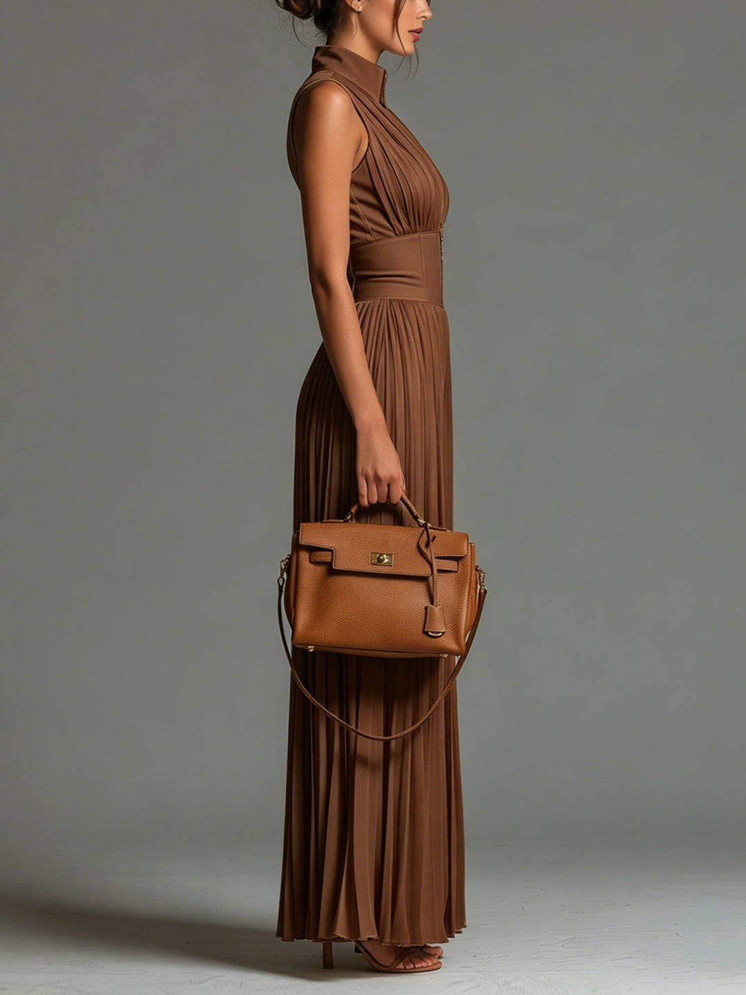 Zsófia Jumpsuit | Jumpsuit i plisserad chiffong i karamellfärg