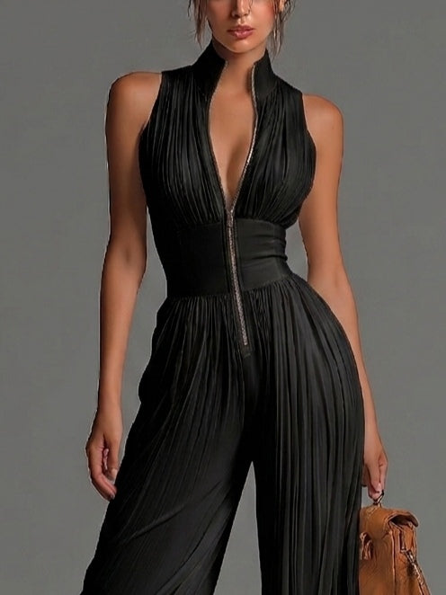 Abigail - Ärmlös jumpsuit i chiffong med V-ringning, dragkedja, veck och vida ben