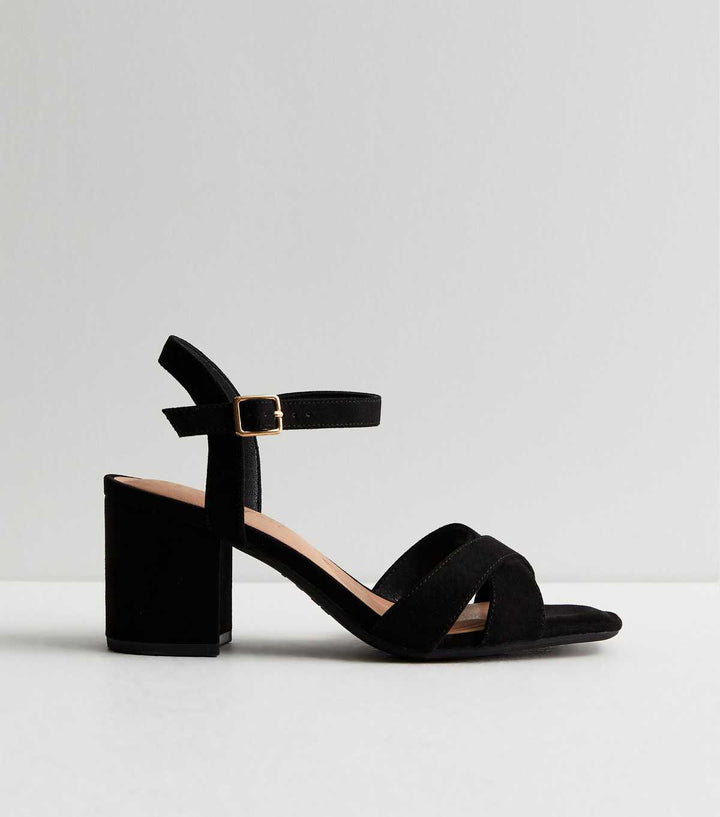 Bred Passform Svart Mocka 2-Delad Klackssandal | New Look