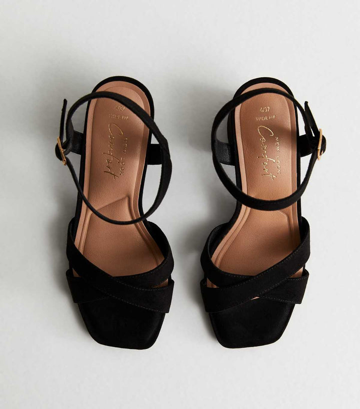 Bred Passform Svart Mocka 2-Delad Klackssandal | New Look