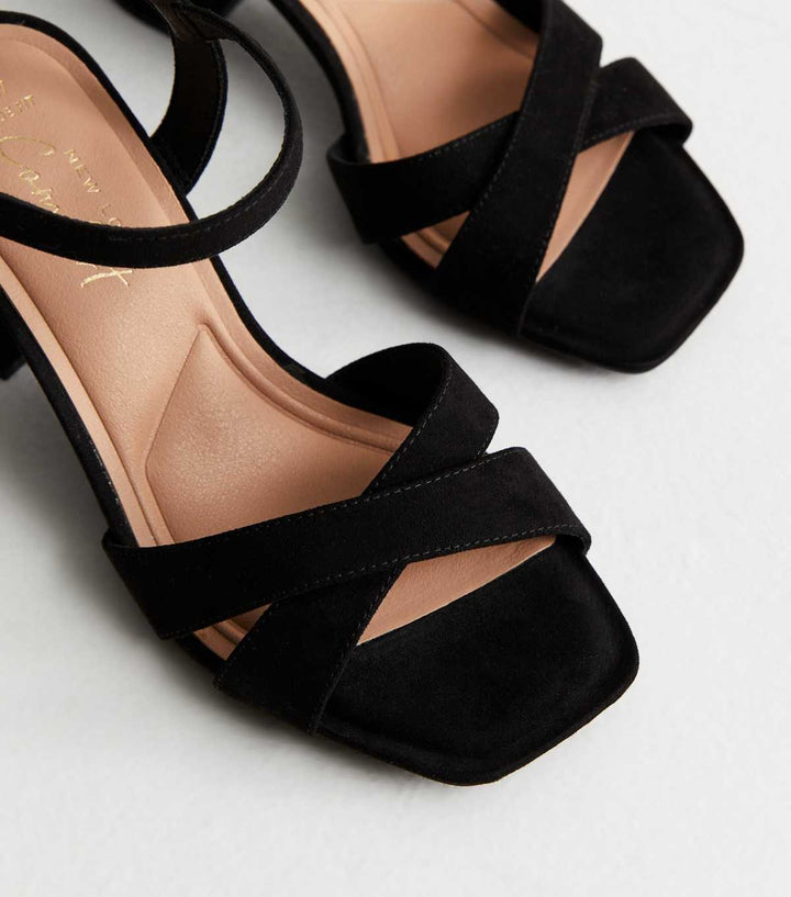 Bred Passform Svart Mocka 2-Delad Klackssandal | New Look